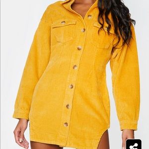 Tan Cord Button Through Long Sleeve Dress